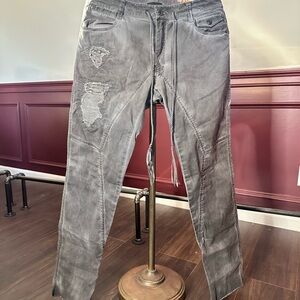 KMRii Crush crocodile patch overlock leather fringe distressed jeans pants 33